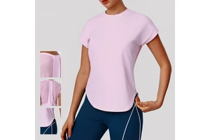 Comfortable Women's Crew Neck Spandex/Nylon Yoga Top Quick-Dry Four-Way Stretch Sweat-Wicking Loose-Fit Short Sleeve Breathable