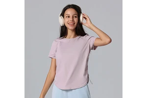 Women's Round Neck Short Sleeve Workout Shirts Athletic Tops Breathable Yoga Curve Hem Sports T-Shirts With Drawstring at Side