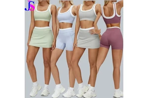 2PCS Contrast Color Set Quick-Drying Gym Set Yoga Suit Running Sport Bra Built-in Safety Pants Tennis Skirt or Shorts Yoga Set