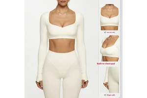 TongJoes Cross-border European American Yoga Fitness Top Chest Pad Long Sleeve Womens Outerwear Pilates Training Sports T-shirt