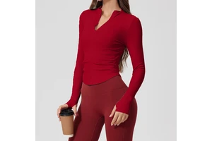Tight Nude-feel Breathable Nine Quarter Sleeve Threaded Women's Yoga Top Outdoor Sports Stretchy Slimming Half-zip Skinny Fit