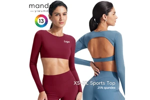 Women's Cropped Sports Top with Built-in Bra Nylon Spandex Backless Yoga T-shirt Long-sleeve Compression
