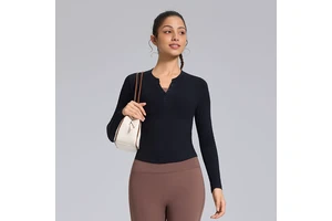 Custom Logo Women Henley Shirt Quick-dry V-neck Fitness Top Long Sleeves Lightweight Slim Yoga Tops for Autumn Spring