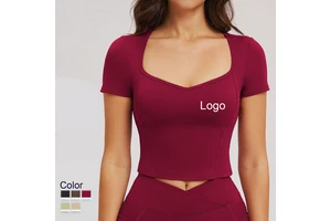 Women's Fashion Short Sleeve V-Neck Yoga Workout Top-Quick Dry Breathable Spandex/Nylon Skinny Fit for Woman