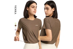 New Design Women's Yoga T Shirts Quick Dry Comfortable Workout Tops Adjustable Drawstring Hem Loose Plus Size Breathable