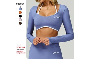 Custom High-Quality Seamless Top Yoga Long-Sleeves Fake Two-Piece Cropped Slim-Fit T-Shirts Women Running Fitness Wear