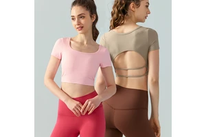 High Quality Women's Open Back Tee Ribbed Short Sleeve Crop Tops Workout Yoga Built in Bra Active Wear