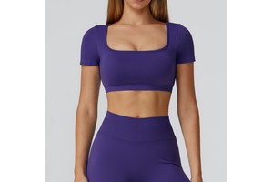 Women Seamless Breathable Lightweight Yoga Top Short Sleeve Slim Fit Open Back Cut-Out Four-Way Stretch Quick Dry Running Gym