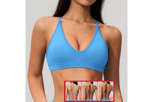 Roregal Ribbed Sports Bra Halter Neck Detachable Straps Criss Cross Back Seamless Gym Crop Top Yoga Bra