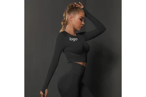 OEM New Breathable Spandex/Nylon Solid Four-Way Stretch Crew-neck Blouse Fitness Sports Hollow Tight-fitting Women's Long Sleeve