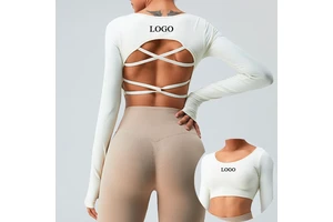 Custom Seamless 4-Way Stretch Long Sleeve Crew Neck Workout Active Tops Sweat-Wicking Backless Gym Yoga Crop Tops With Thumbhole