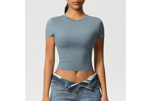 Women's Double-Faced Solid Color Nylon Yoga Crop Top Short-Sleeve Slim-Fit Quick-Dry Fitness T-Shirt Workout Running Sportswear
