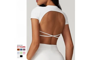 New Short Sleeves Open Back Women's Crop Oem Tops Sweat-wicking Fitness Causal Tight T-shirts
