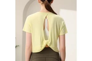 Breathable Modal Yoga Wear Beautiful Back Hollow-Out Fitness Short Sleeve Crew Neck Loose Casual Running Sport Top Women's