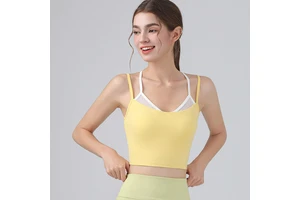 Double Layer Contrast Color Girls Mesh Crop Top Shockproof Sports Gym Vest Active Stretch Fitness Yoga Tops