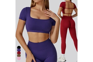 Women's Summer Short Sleeve Workout Yoga Crop Top with High Impact Padding