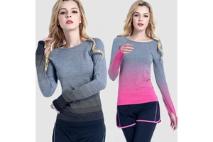 Large Size Yoga Wear Round Neck Seamless Sports Fitness Shirt Gradient Long Sleeves Running T-shirts for Womens