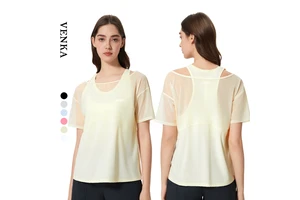 Women's New 2-in-1 Loose Mesh Vest Lightweight Breathable Quick Dry Yoga Short Sleeve T-Shirt Seamless Design