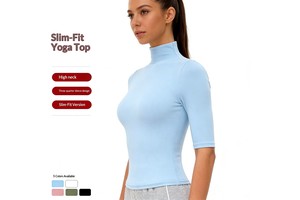 Custom Logo Mock Neck Yoga Shirt | Half Sleeve Slim Fit Workout Top | High Elastic Breathable Fitness Gym Wear for Women