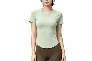 High-elastic Breathable Spandex/Polyester Womens Short-sleeve Yoga Top Slim-fit Figure-flattering Quick-drying T-shirt Sports