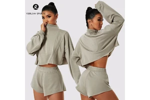 Woman Long Sleeves Sports Stand Collar Gym Casual Outdoor Yoga Wear Women's Sport Half Zip Crop Top Hoodie Loose Fall Woman