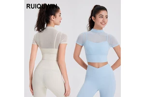 RUIQUWIN New Women Sexy Mesh Yoga Top Short Sleeved Shirts Quick Drying Running Sports Shirts Breathable Yoga Fitness Apparel