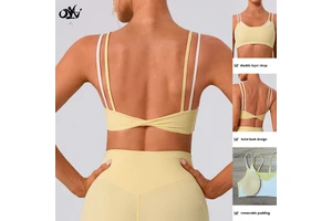 Wholesale Contrast Color Double Layer Women Sports Bra Yoga Fitness Top Sexy Fashionable New Design Ladies Sports Top Twist Back