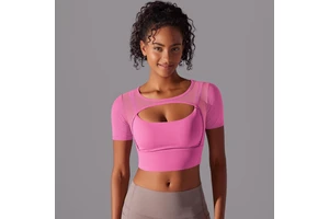 2026 New Women Short Sleeve Mesh Yoga Tops Built In Sexy Sports Bra Quick Dry Crop Tops Plus Size Gym Fitness Wear Sportswear